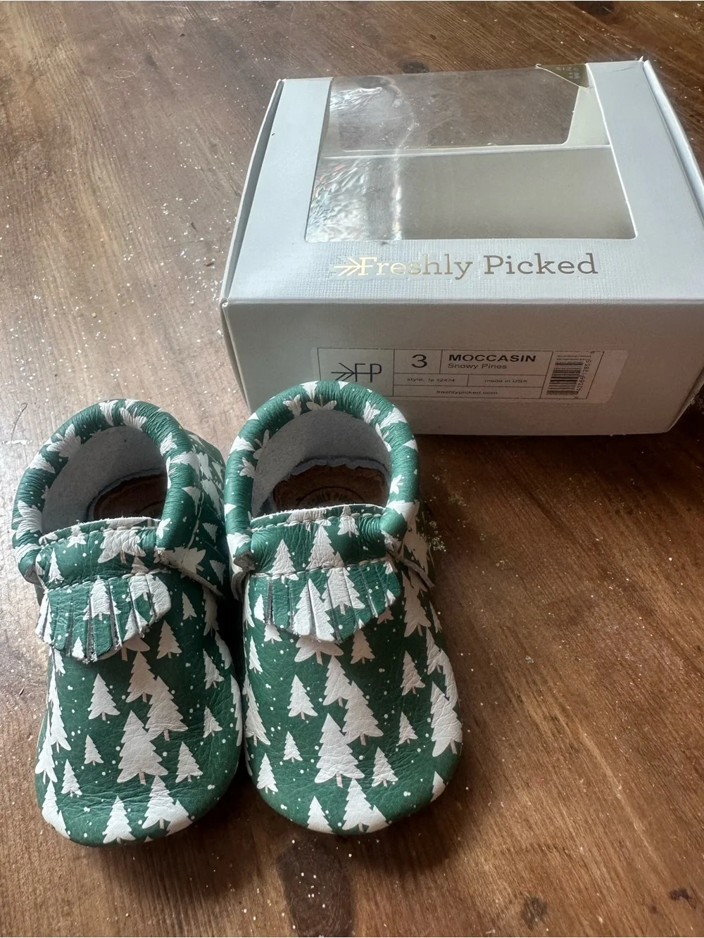 Freshly Picked Green Tree Print Baby Moccasins with White Trees